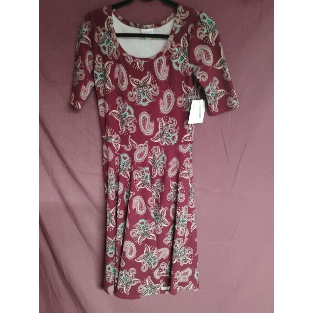 LuLaRoe Nicole Medium Flare Dress Paisley Red Maroon